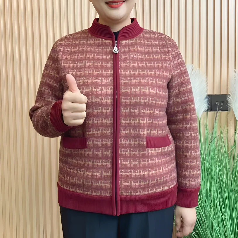 老年女装妈妈秋冬外套加绒针织开衫60-70岁老人奶奶保暖衣服太太