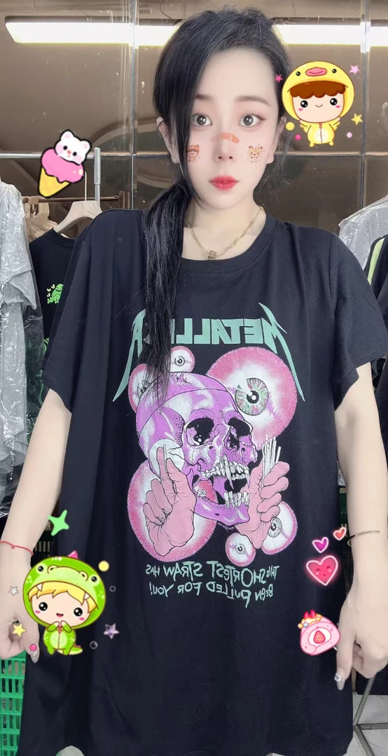 外贸纯棉大码T恤黑色骷髅