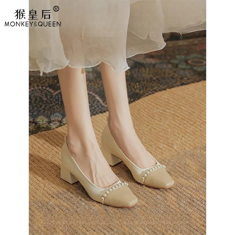 皮鞋法式复古珍珠拼色低跟气质鞋粗跟小百搭方头中跟单鞋女小香