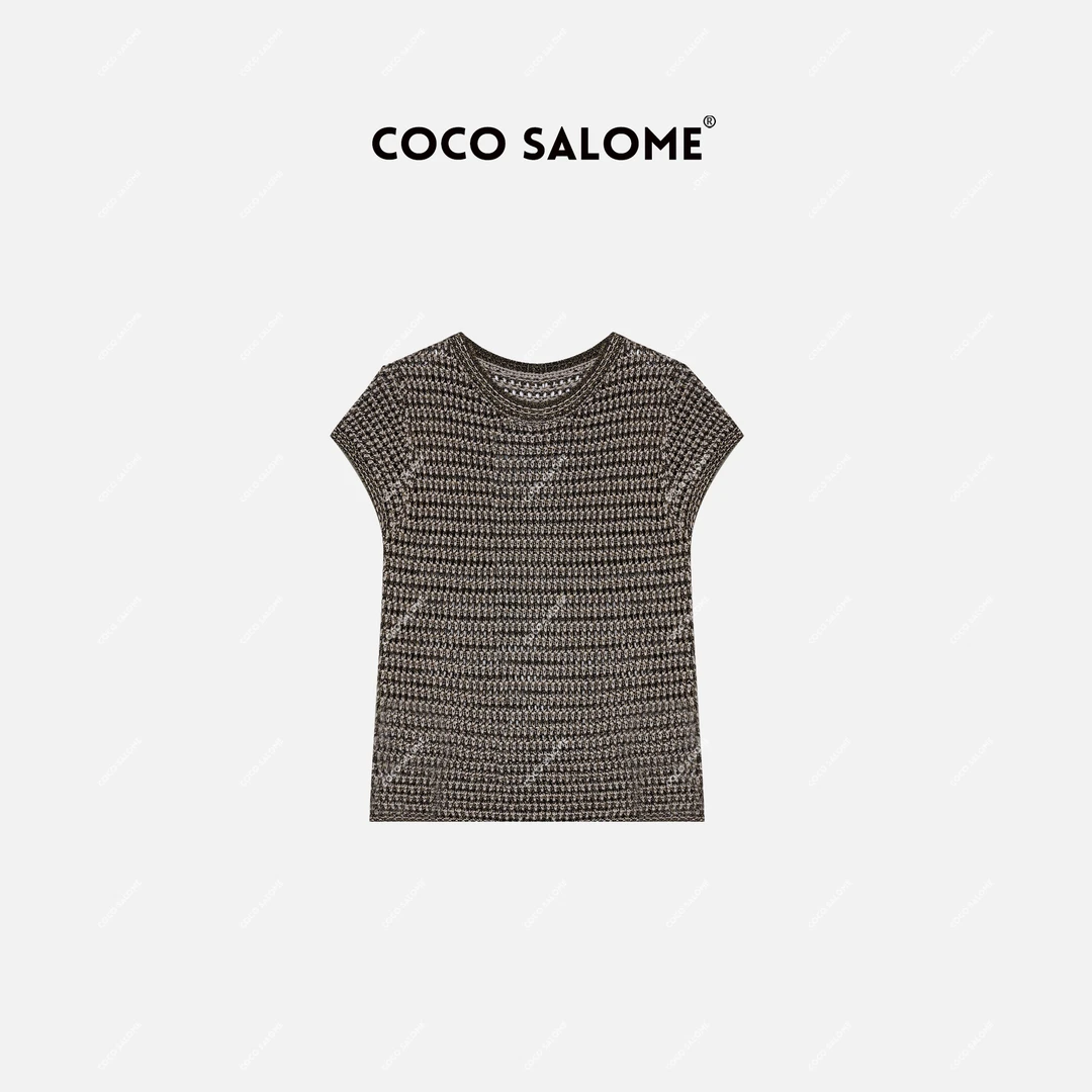 COCO SALOME⒀【芝麻糊】黑金丝线重工钩花镂空设计轻奢短袖H096
