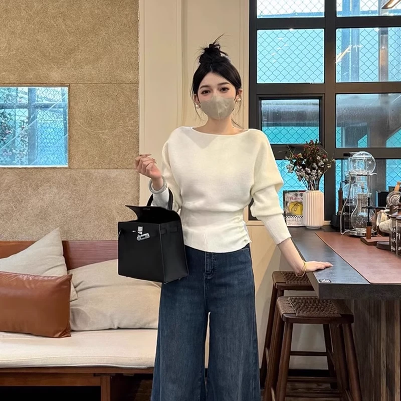 大码短款斜肩修身针织衫毛衣胖mm姐感冬装设计感侧边纽扣压褶上衣