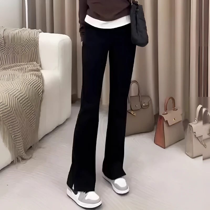 梨型身材垂感黑色开叉微喇裤大码女装春秋胖mm高腰弹力喇叭长裤子