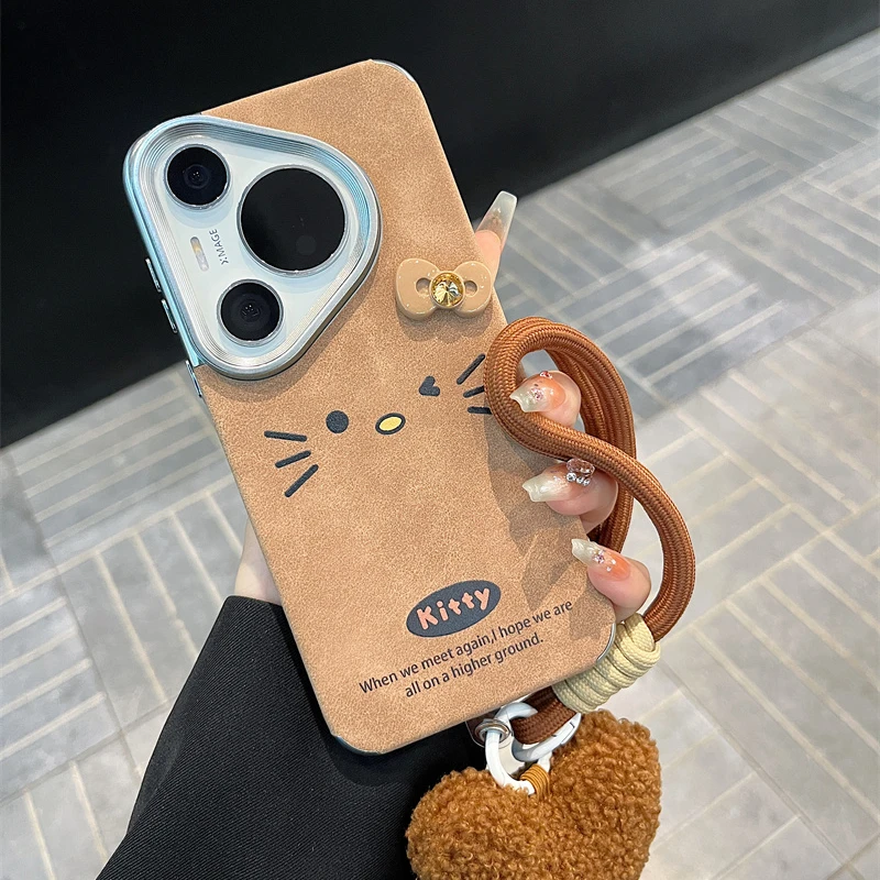 适用华为pura70pro+手机壳mate60pro蝴蝶结皮质kt猫表情苹果16/15