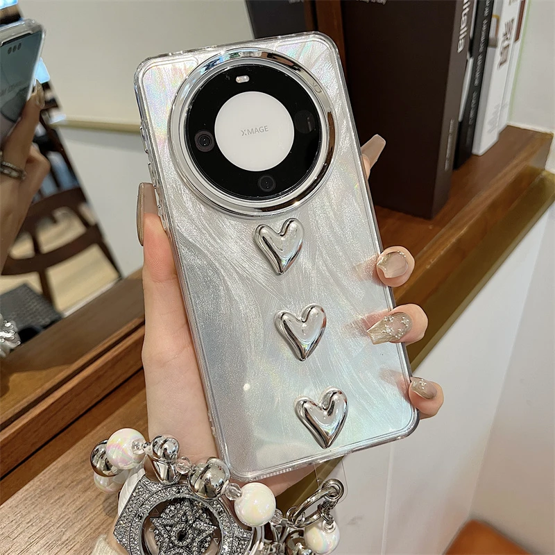 立体银爱心适用华为mate60pro+手机壳p60新款mate40e/50pro荣耀70