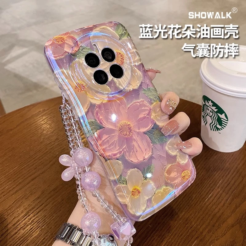蓝光油画花适用华为mate50pro手机壳mate40pro高级感p60/p60pro