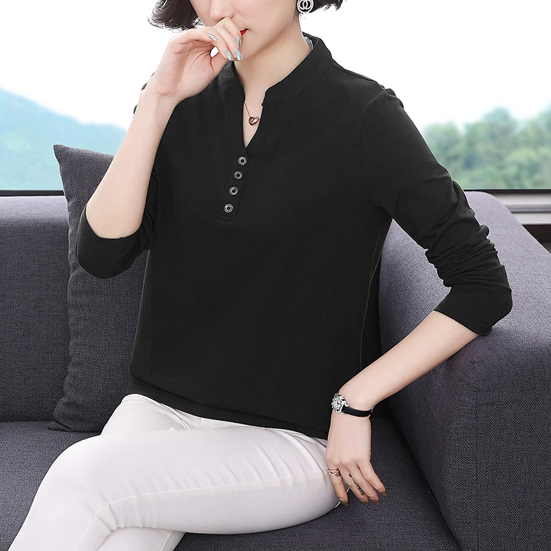 100%纯棉长袖T恤女V领打底衫春秋季宽松显瘦纯色百搭气质立领上衣