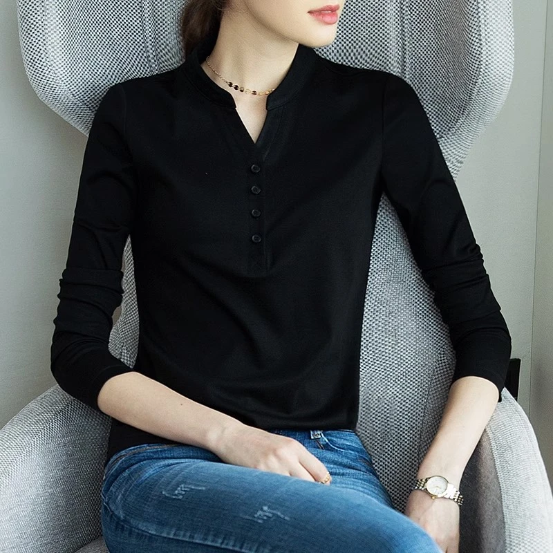 100%纯棉长袖T恤女气质V领打底衫春秋季韩版宽松显瘦百搭纯色上衣