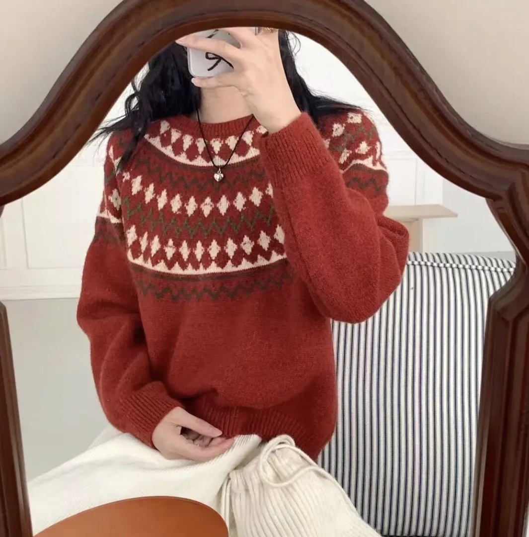 十三行费尔岛红色提花圆领毛衣女冬季新年本命年针织内搭百搭毛衫