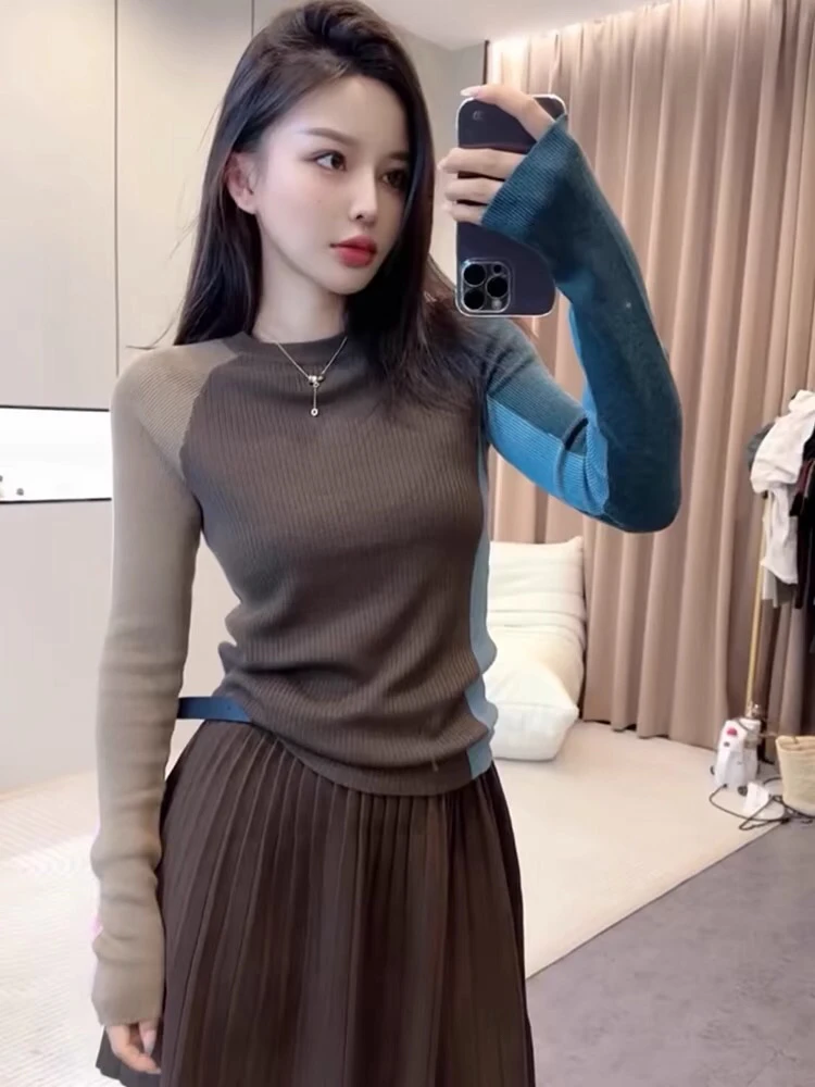 欧洲站复古设计感针织衫女早秋新款修身显瘦打底衫洋气百搭上衣女