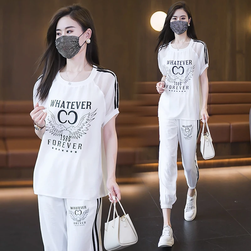 大码休闲运动套装2023年夏季新款洋气显瘦字母印花时尚减龄两件套