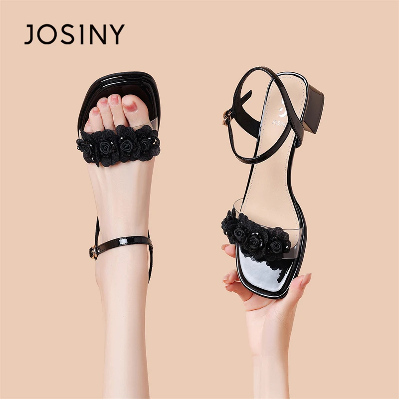 卓诗尼黑色粗跟百搭凉鞋女款2025新款夏季晚晚仙女风一字带高跟鞋