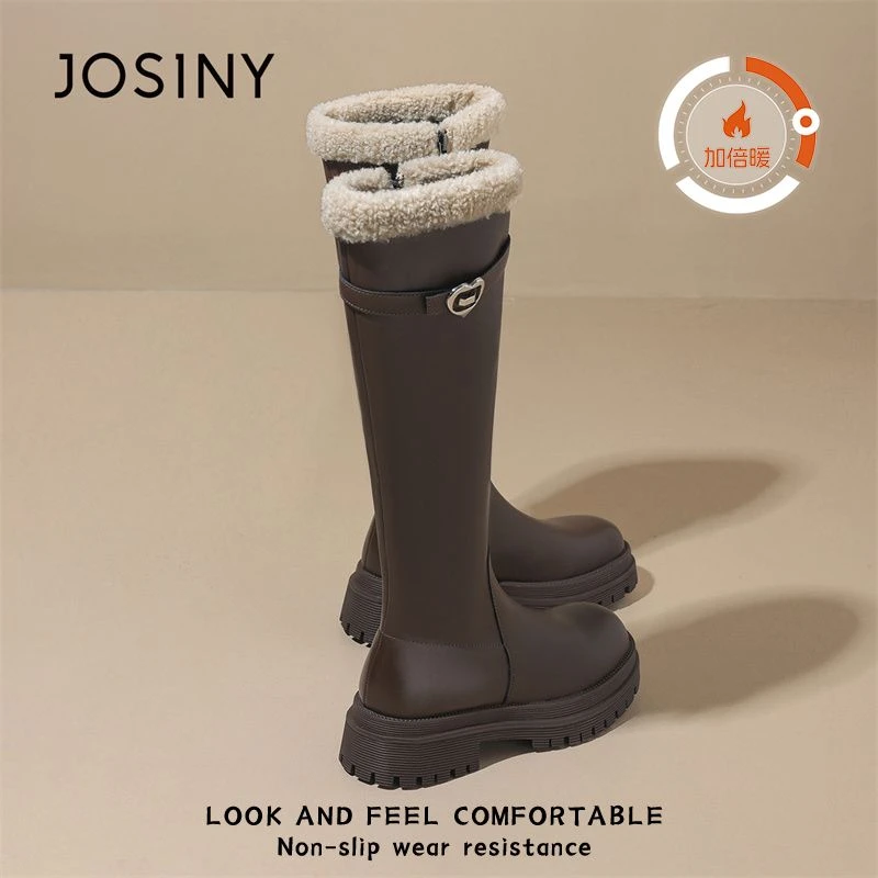 卓诗尼棉靴女2025冬季加绒加厚黑色圆头瘦瘦靴不过膝马丁长筒靴XX