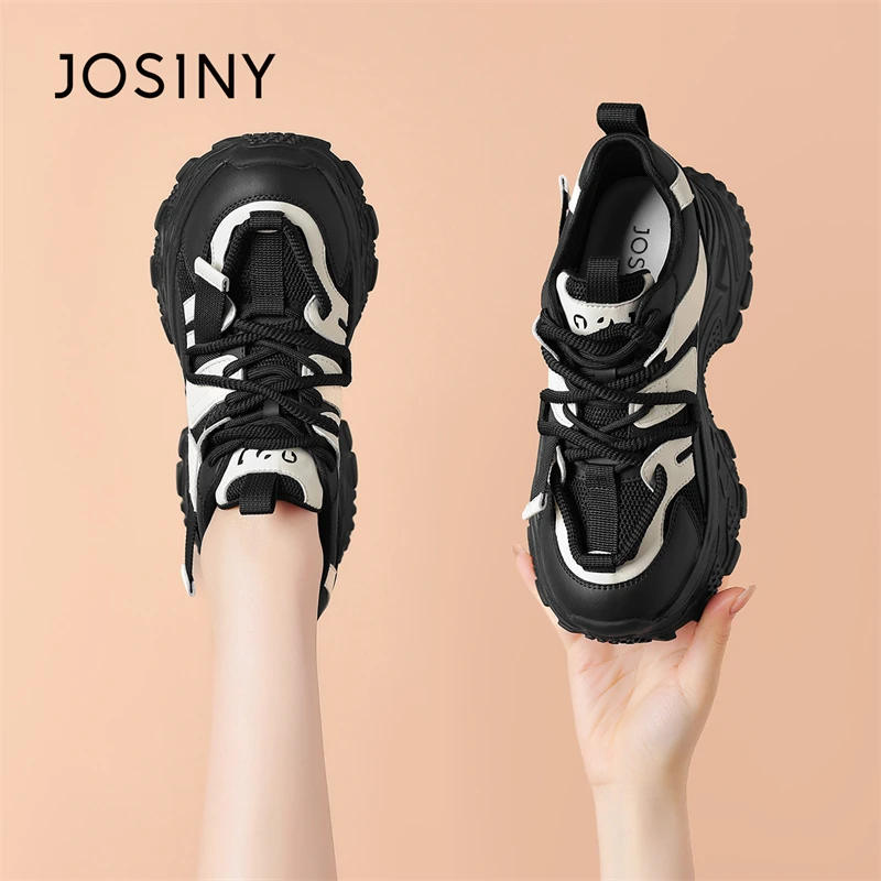 卓诗尼黑色老爹鞋女款2025春季新款时尚百搭轮胎鞋厚底休闲运动鞋