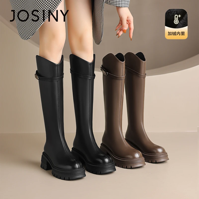 卓诗尼厚底棉靴骑士靴2025秋冬显瘦高筒靴加绒保暖不过膝弹力女靴