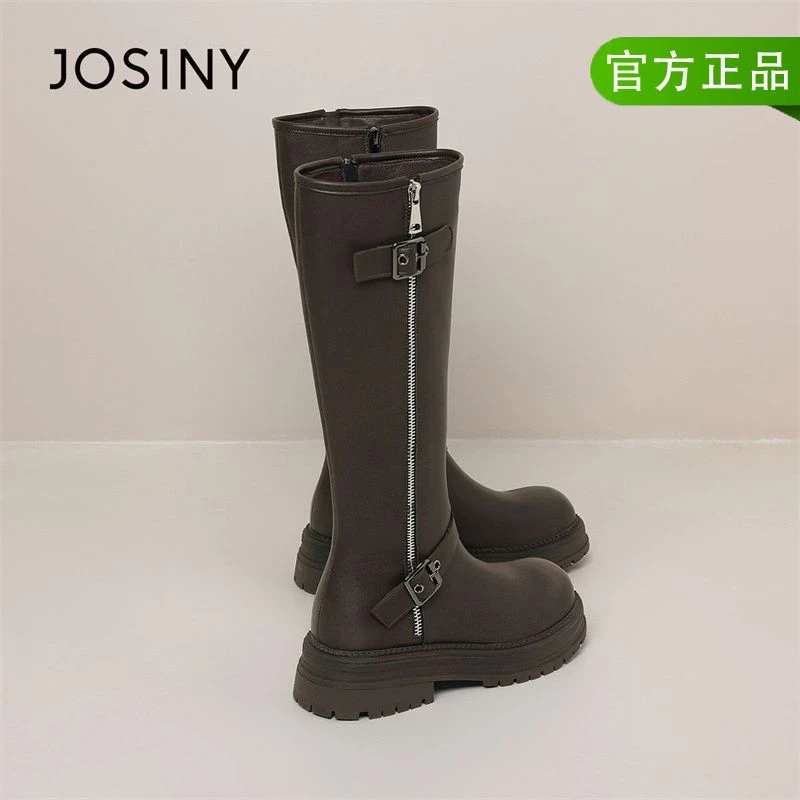 卓诗尼高筒骑士靴女2025新款秋冬粗跟显瘦圆头长筒靴棕色洋气长靴
