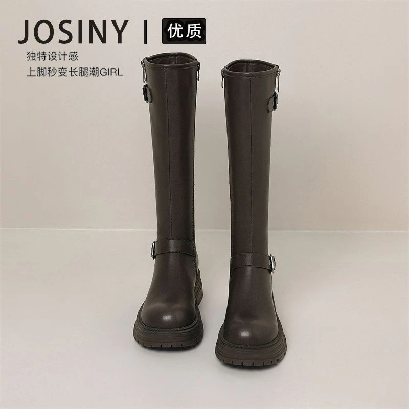 卓诗尼2025爆款英伦风靴子女厚底增高高筒靴女款后拉链显瘦骑士靴