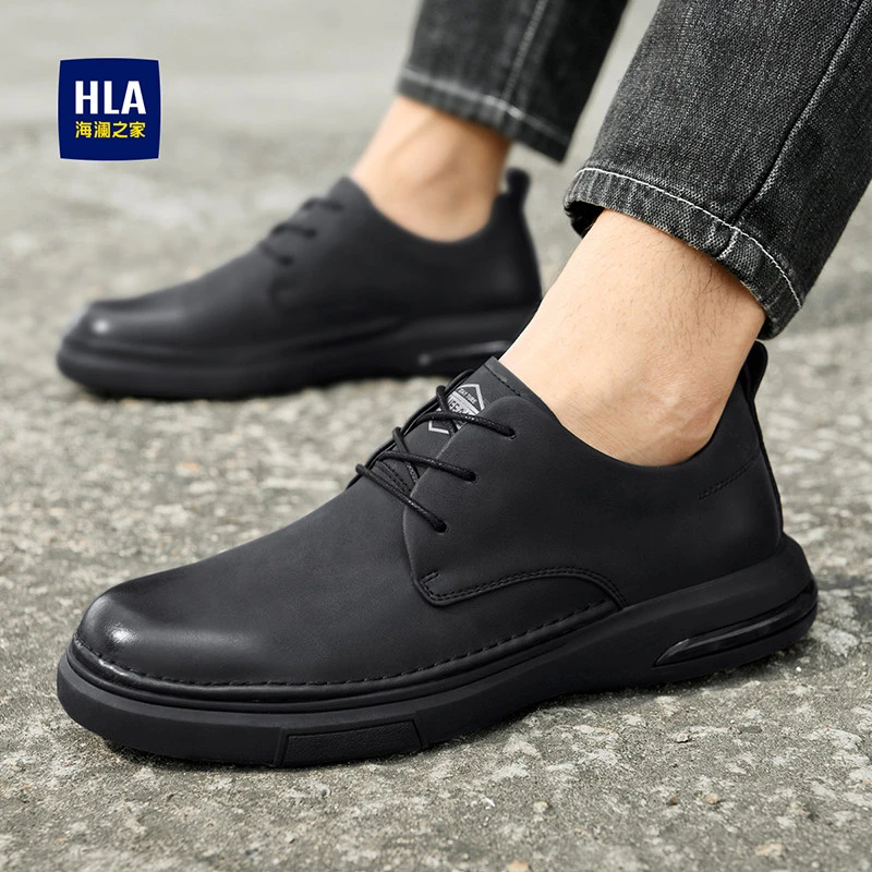 HLA/海澜之家新款黑色真皮休闲鞋鞋子爆款德比鞋男士男鞋皮百搭鞋