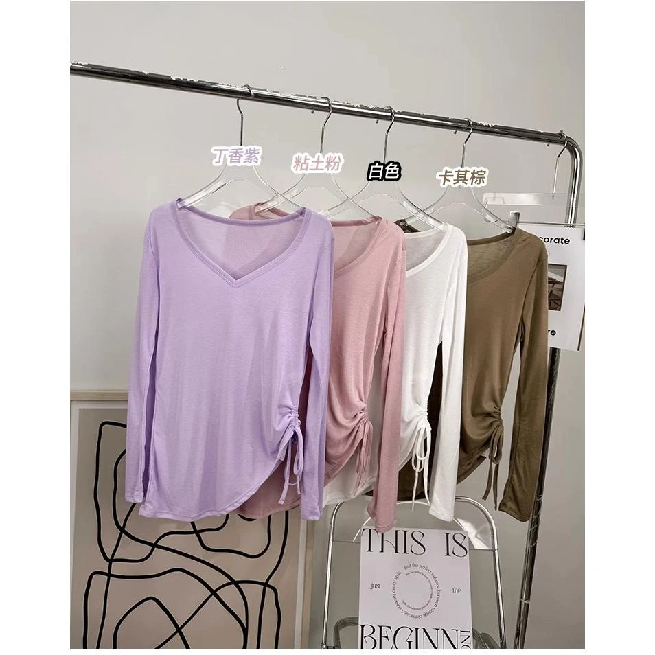 瑜伽罩衫长袖遮臀女褶皱抽绳t恤宽松休闲秋季健身瑜伽服