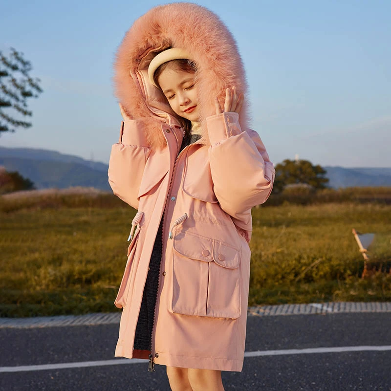 鸭鸭精选2024冬季新款大毛领鸭绒保暖中长款儿童羽绒服9008