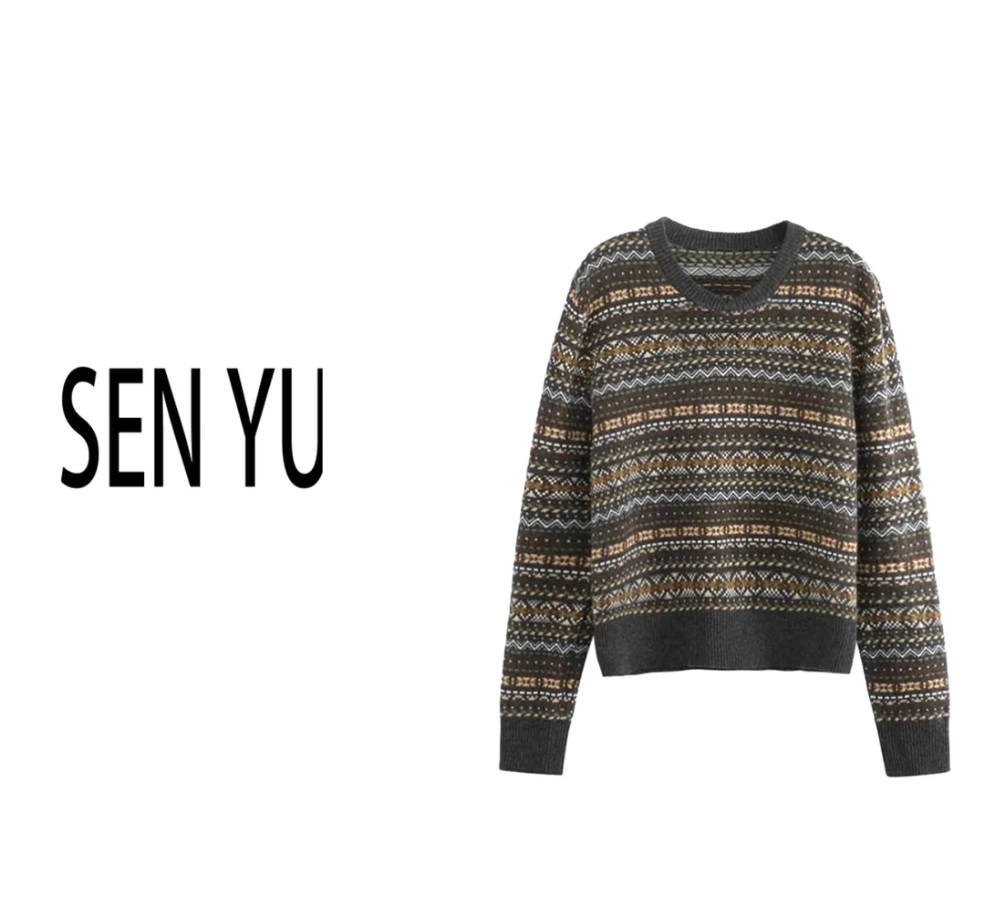 SENYU【复古英伦风】休闲百搭圆领提花撞色100%绵羊毛针织衫