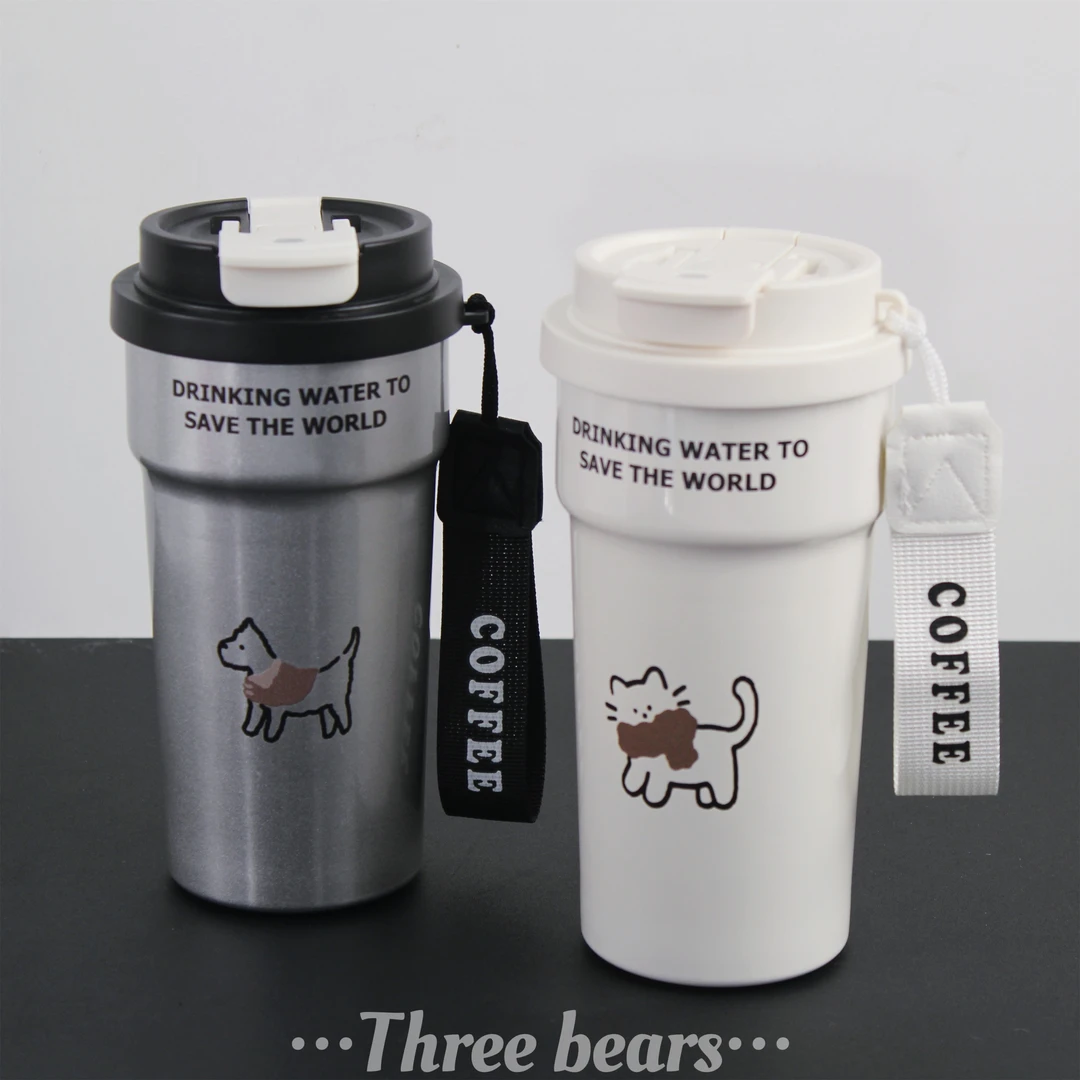 高颜值女生不锈钢保温杯小猫吸管水杯子便携水杯男咖啡杯直饮杯