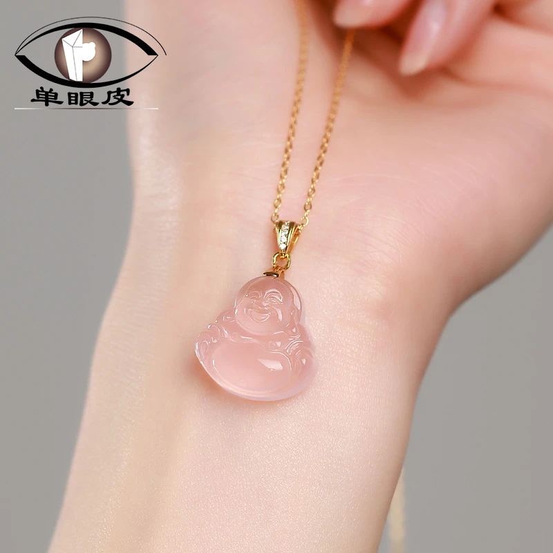天然粉水晶小弥勒佛大肚笑佛吊坠芙蓉石925银项链桃花女水晶饰品