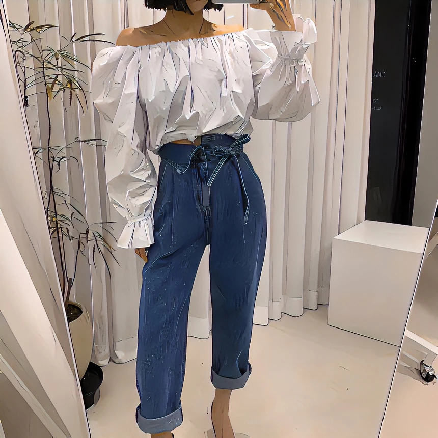 韩国INS时尚博主同款牛仔裤高腰蓝色宽松