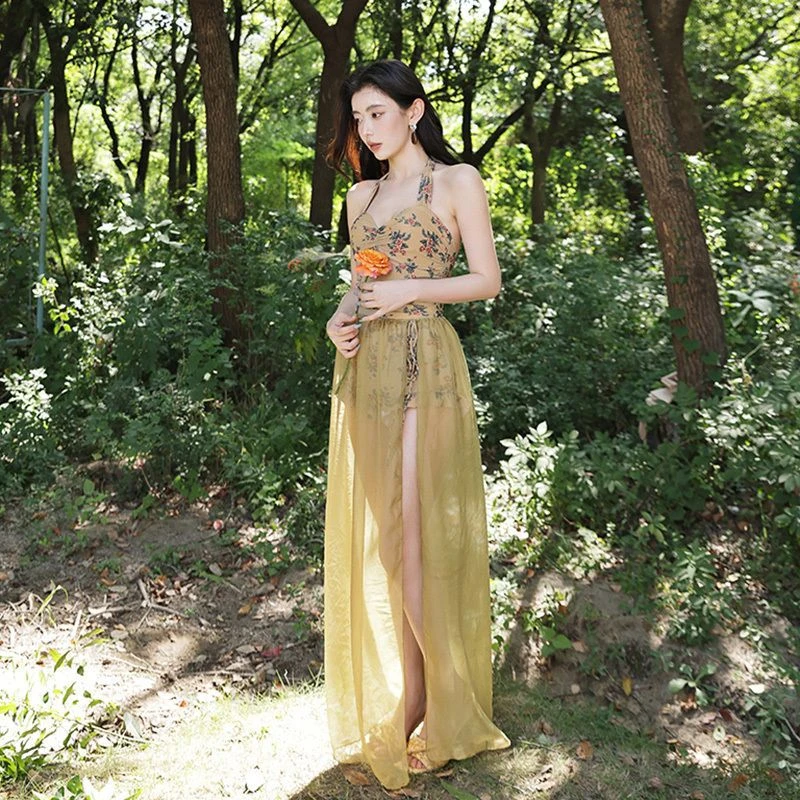 夏倦泳衣【林间月】时尚连体裙式女泡温泉海边泳衣显瘦度假泳装女装