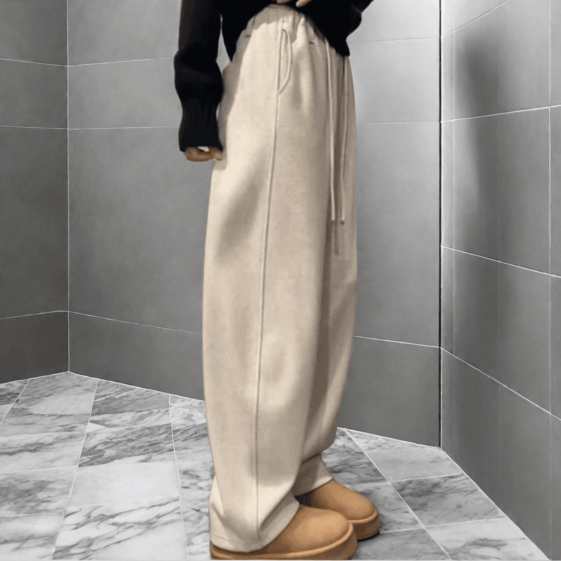 冬季加绒裤子加厚米白色弯刀裤女宽松裤子极简弧线休闲裤显瘦阔腿