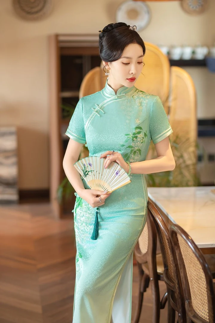 3205-复古优雅民国风青色短袖旗袍2024年春季新款日常可穿淑女范