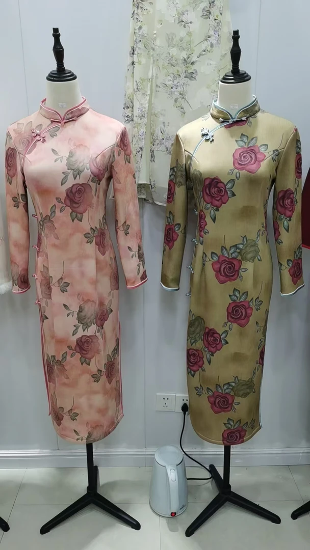 8292大地色粉色春秋厚款提花针织改良旗袍优雅长袖旗袍优雅时尚