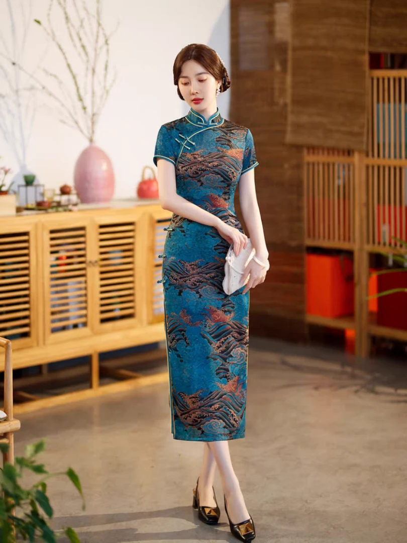 2蓝色长款中老年修身旗袍日常气质走秀礼服优雅显瘦连衣裙