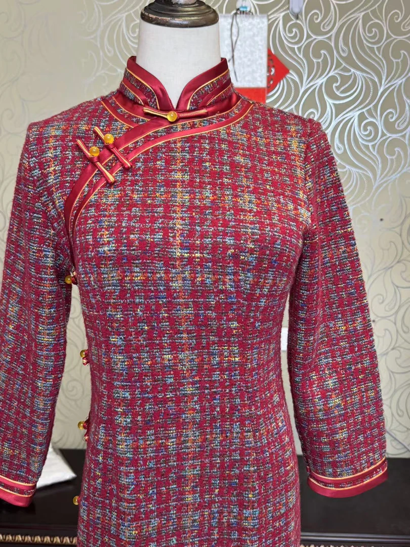 8310-红色厚款单层背后拉链时尚旗袍老上海款