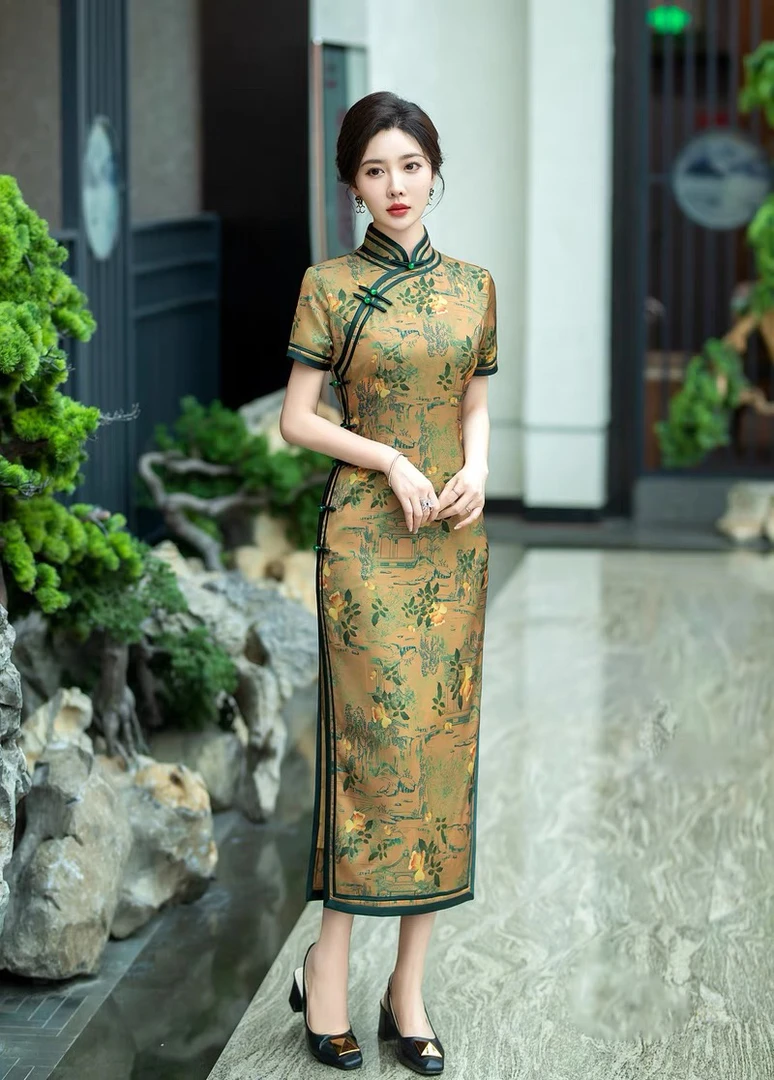 3252 春夏款长款三分袖复古民国风改良老上海双层高端气质旗袍