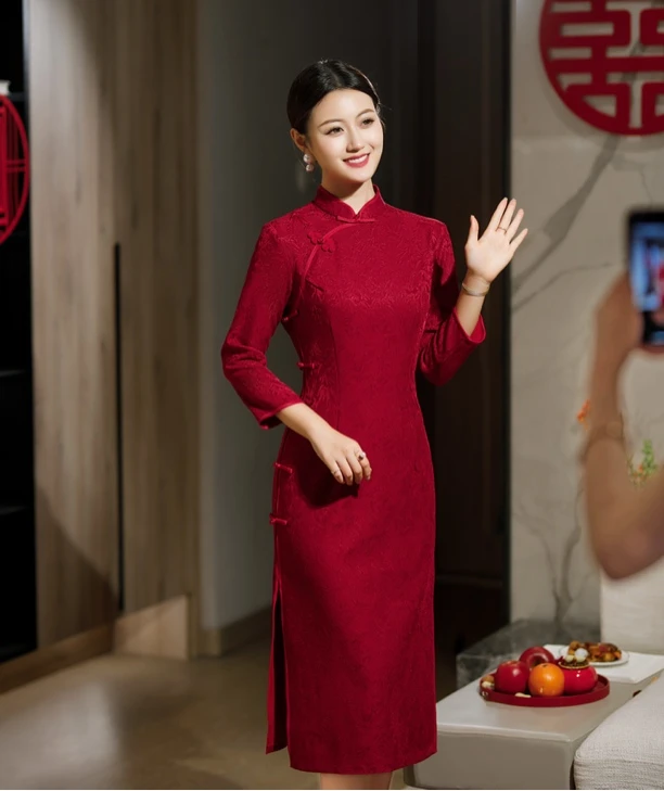 8309-xbn喜妈妈喜婆婆结婚穿红色喜庆旗袍侧八扣背后拉链单层