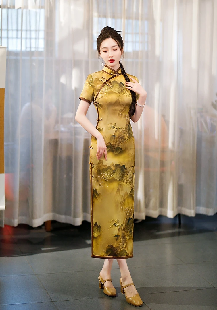 345专柜2023春夏中国风醋酸印花长款立领斜八扣复古旗袍改良显瘦