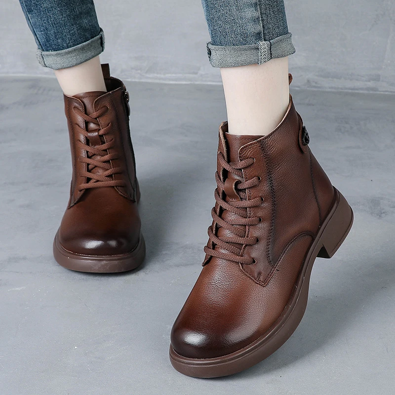 全牛皮秋冬季新款复古英伦风粗跟马丁靴真皮短靴子女百搭系带皮靴