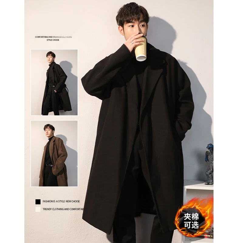 风衣男中长款秋冬季夹棉加厚高级感英伦风毛呢大衣男士呢子外套黑