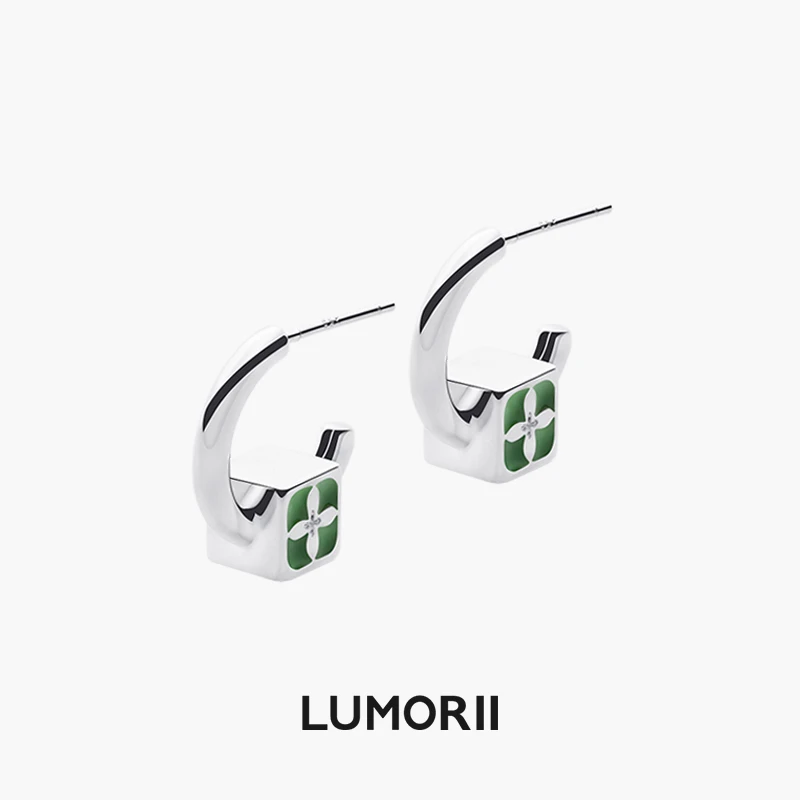 LUMORII 铜合金珐琅耳饰 绿银十字花方块耳饰时尚简约个性原创款
