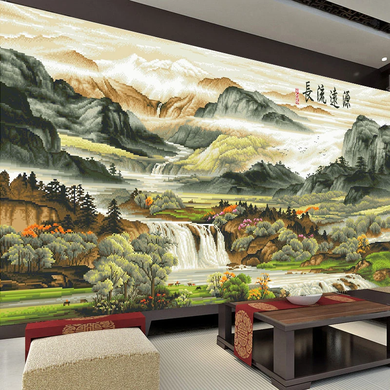 源远流长十字绣线绣新款2024客厅满绣印花风景山水画刺绣中国古典