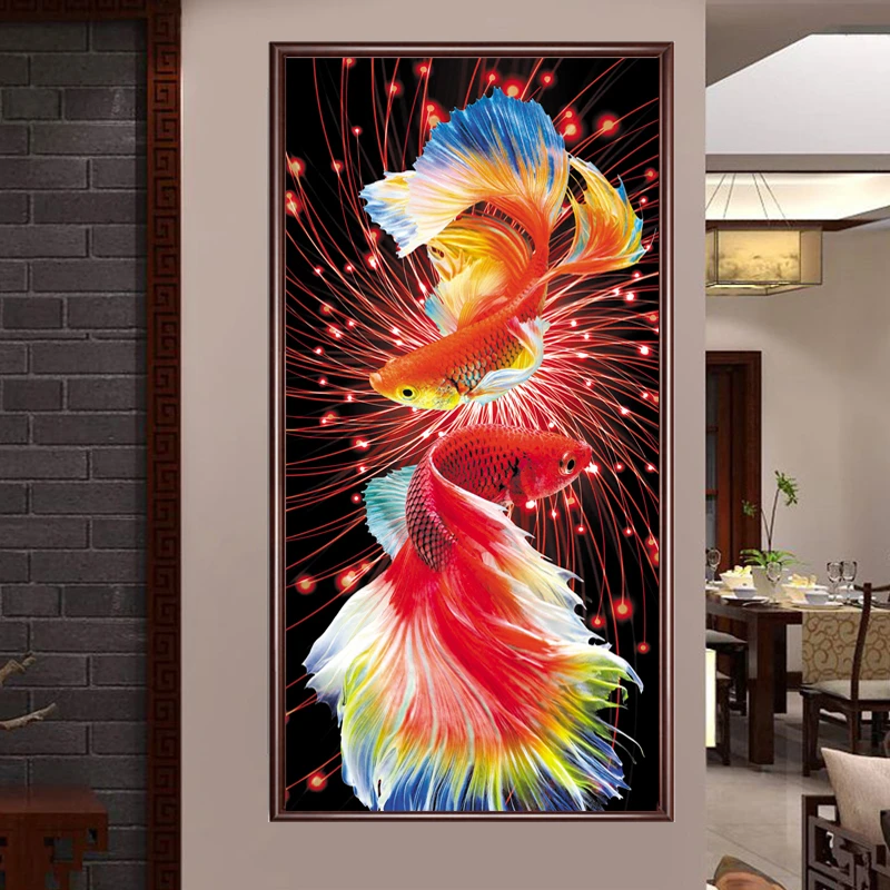 火红锦鲤十字绣2024新款线绣竖版玄关自己绣简约现代年年有鱼满绣