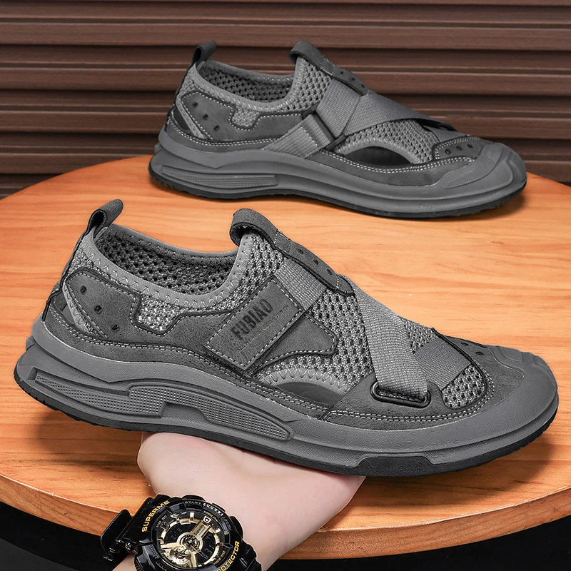 新款男士休闲时尚透气镂空包头网面凉鞋沙滩鞋户外百搭薄款网眼