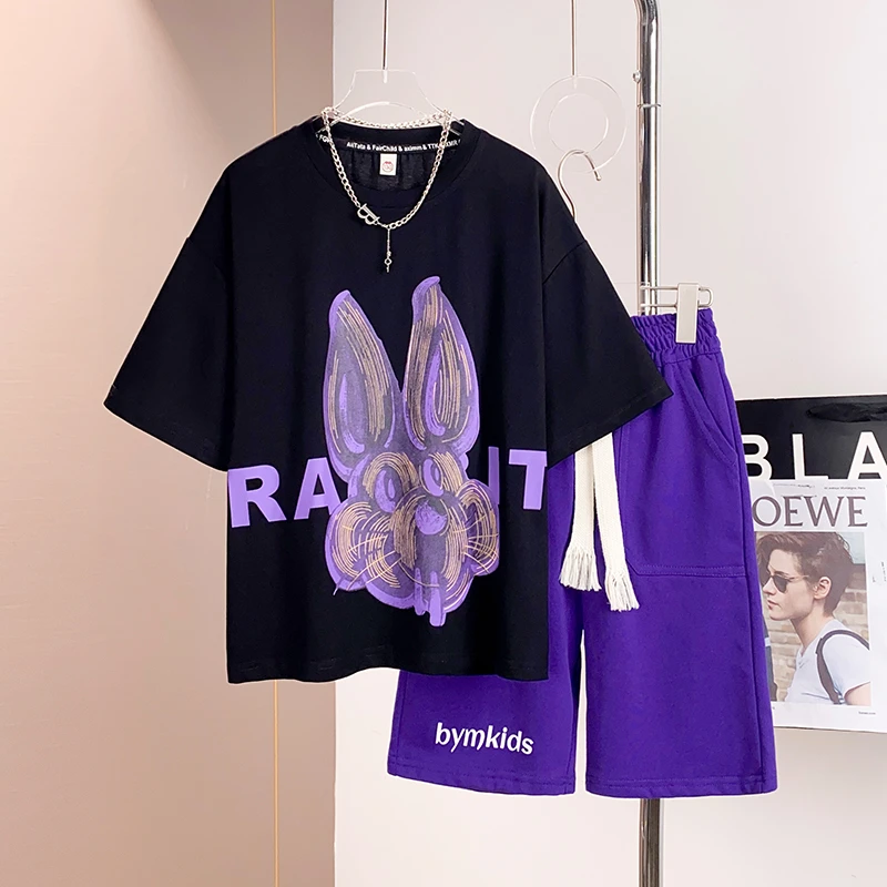 男童大童夏季时尚字母印花短袖休闲运动宽松短裤套装DF-套装0944