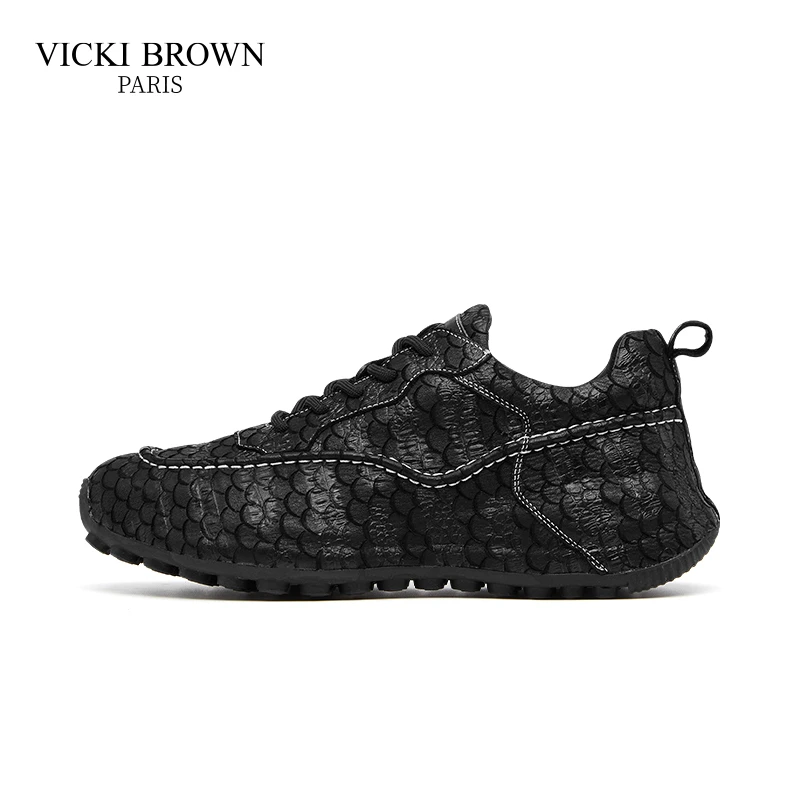 VB男鞋VICKI BROWN轻奢男鞋鳄鱼纹牛皮增高时尚潮流包底休闲鞋