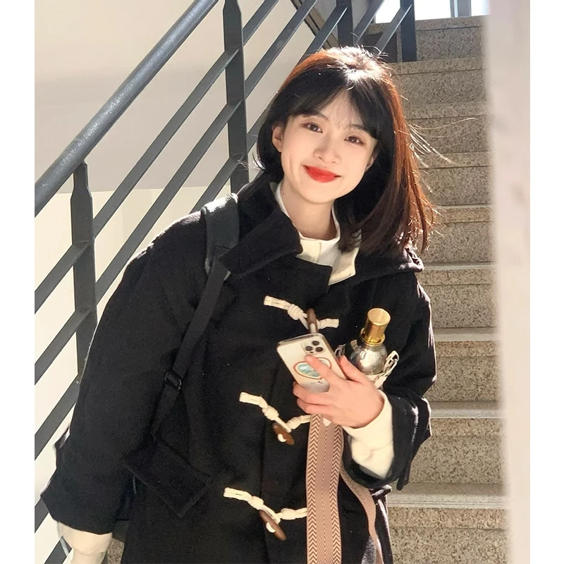 6091长款黑色牛角扣呢子大衣女毛呢外套秋冬季2023新款赫本风气质