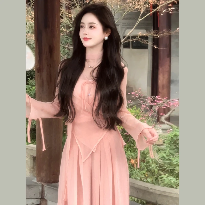 0396新中式国风套装粉色连衣裙子女2025早初春新款薄荷曼波长裙