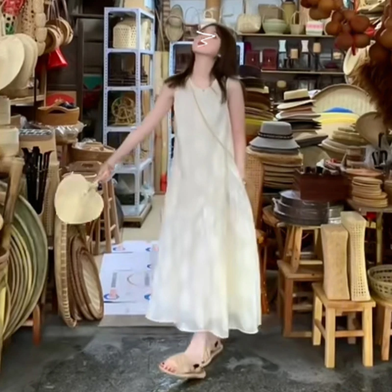 3479白色无袖背心连衣裙子女夏季2024新款法式气质海边度假长裙