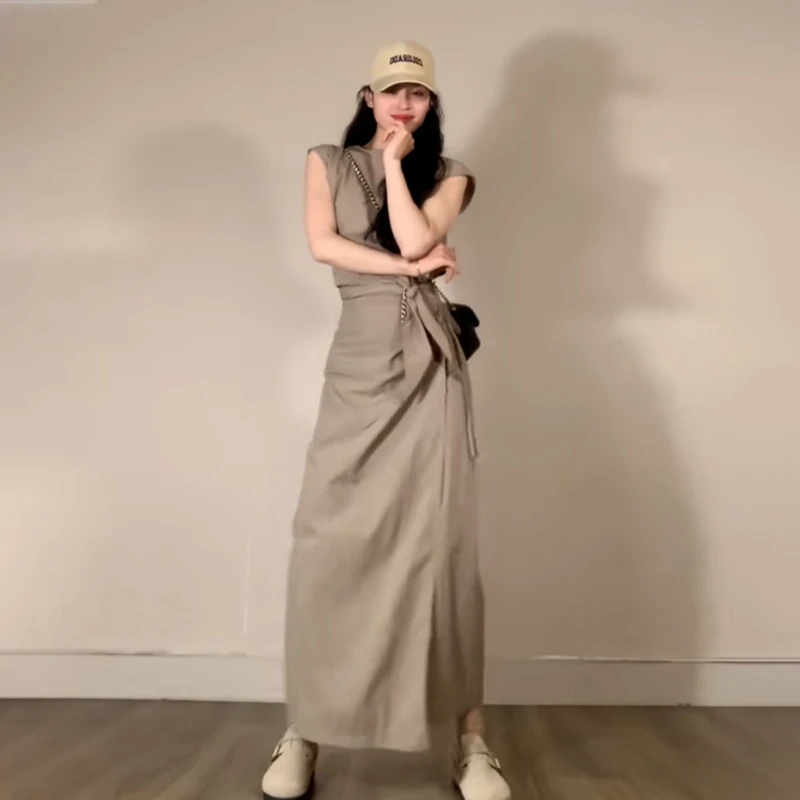 2591法式开叉小个子工装一整套2024新款无袖连衣裙子夏季女装长裙