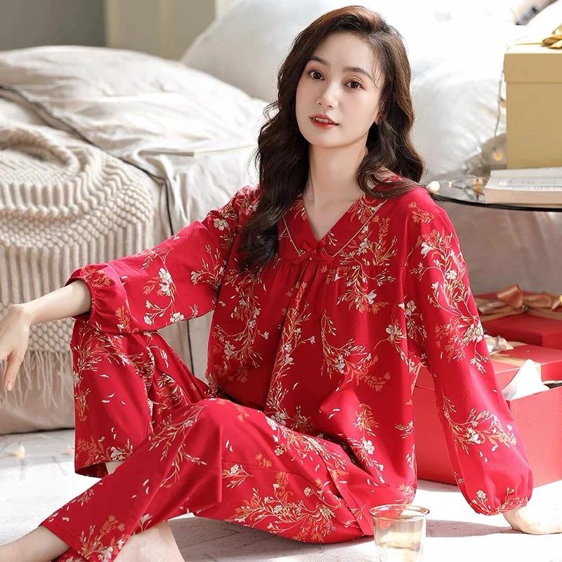 新款睡衣女春秋纯棉长袖大红色本命年妈妈龙年秋冬季家居服
