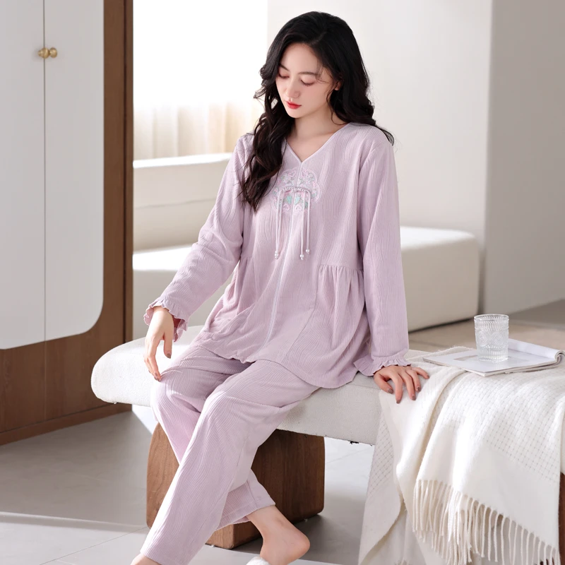 睡衣女新中式国风海岛绒秋冬季珊瑚绒家居服新款加厚加绒紫色套装